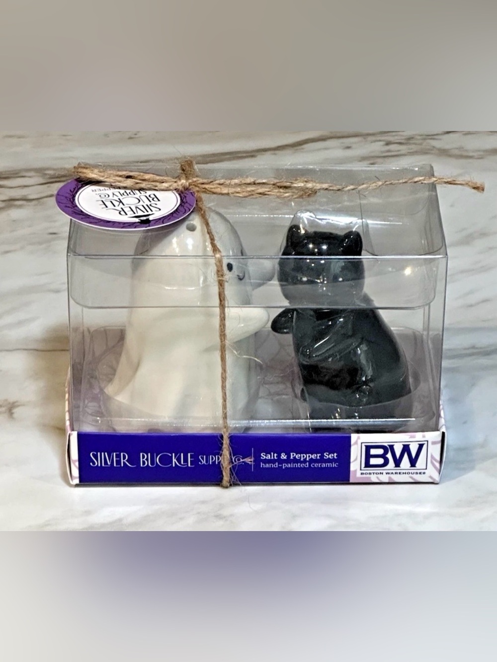 Two-Piece Ceramic Halloween Ghost and Black Cat Salt and Pepper Shaker Set